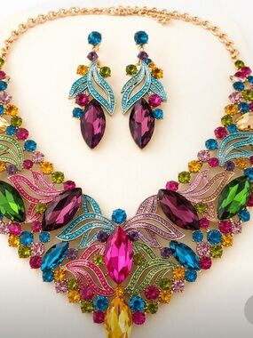 Statement Multicolor Rhinestone Necklace & Earring Set Bold Crystal Bib Jewelry
